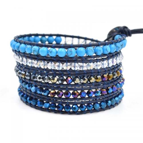 Gemstone Bracelets, 304 Stainless Steel, with Blue Turquoise & leather cord & Crystal, Round, Adjustable & fashion jewelry & multilayer & Unisex, mixed colors, 4mm, Length:Approx 95 cm, Sold By PC