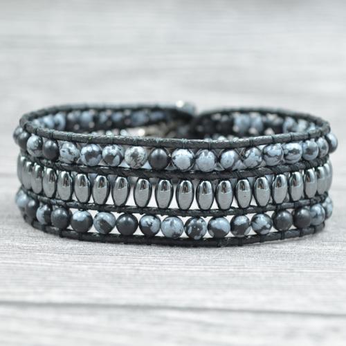 Gemstone Bracelets Snowflake Obsidian with Wax Cord & Hematite & Zinc Alloy Round silver color plated fashion jewelry & Unisex mixed colors 4mm Length Approx 20 cm Sold By PC