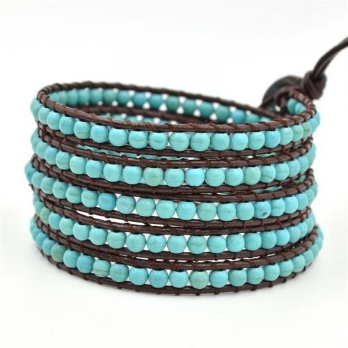 Fashion Turquoise Bracelets with leather cord & 304 Stainless Steel Round Adjustable & fashion jewelry & multilayer & Unisex blue 4mm Length Approx 95 cm Sold By PC