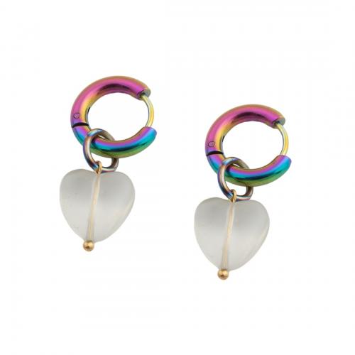 Huggie Hoop Drop Earring, 304 Stainless Steel, with Lampwork, Heart, fashion jewelry & for woman, multi-colored, 30x12mm, Sold By Pair