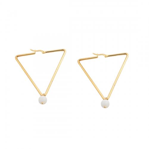 Stainless Steel Lever Back Earring, 304 Stainless Steel, with Plastic Pearl, Triangle, fashion jewelry & for woman, golden, 62x8mm, Sold By Pair