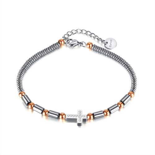 Stainless Steel Jewelry Bracelet, 304 Stainless Steel, with Hematite, with 40mm extender chain, polished, fashion jewelry & micro pave cubic zirconia & for man, original color, nickel, lead & cadmium free, Length:Approx 190 mm, Sold By PC