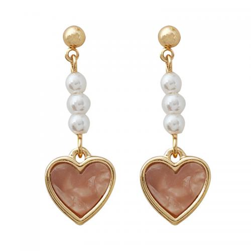 Boucles d'oreilles en alliage de zinc, avec résine & perle de plastique & fer, coeur, Placage, pour femme, doré, 34x12mm, Vendu par paire
