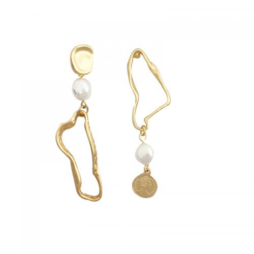 Asymmetric Earrings, Tibetan Style, with Plastic Pearl, plated, for woman, golden, 64x15mm, Sold By Pair