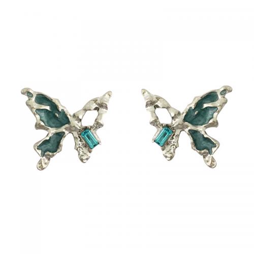 Zinc Alloy Stud Earring with Gemstone Butterfly plated for woman & enamel silver color Sold By Pair