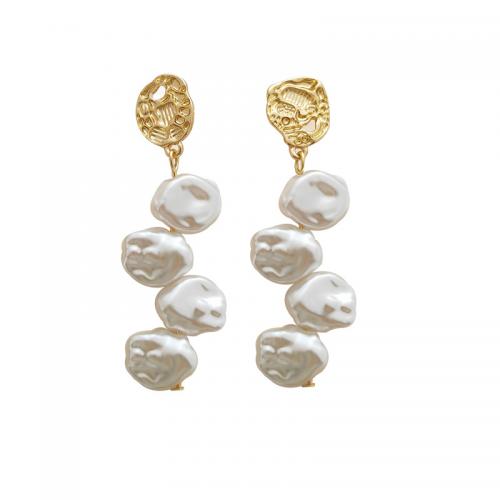 Tibetan Style Stud Earring, with Plastic Pearl & Iron, plated, for woman, golden, 55x19mm, Sold By Pair