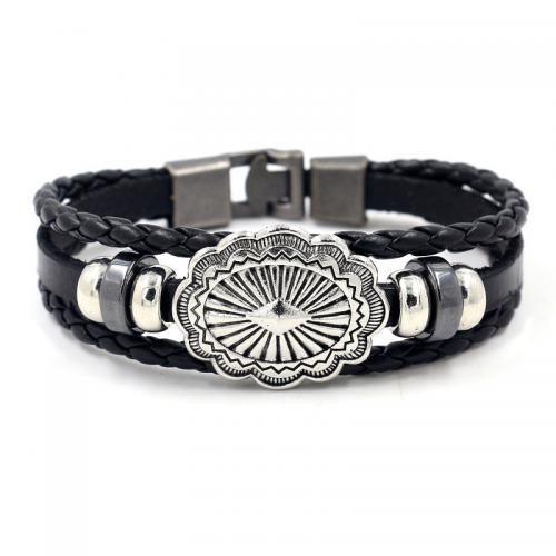PU Leather Bracelet, with Cowhide & Tibetan Style, Flower, plated, multilayer & punk style & Unisex, more colors for choice, Length:Approx 8.3 Inch, Sold By PC