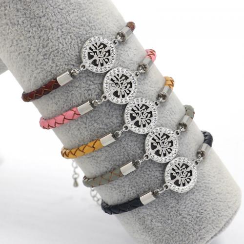 Cowhide Bracelet, with Titanium Steel, with 2.6inch extender chain, Tree, handmade, punk style & Unisex & with rhinestone & hollow, more colors for choice, Length:Approx 6.5 Inch, Sold By PC
