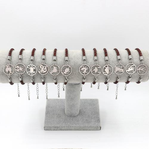 Partículas de aço pulseira, with cabo de couro, with 2.2inch extender chain, 12 Signos do Zodíaco, unissex & Vario tipos a sua escolha & vazio, comprimento Aprox 6.5 inchaltura, vendido por PC