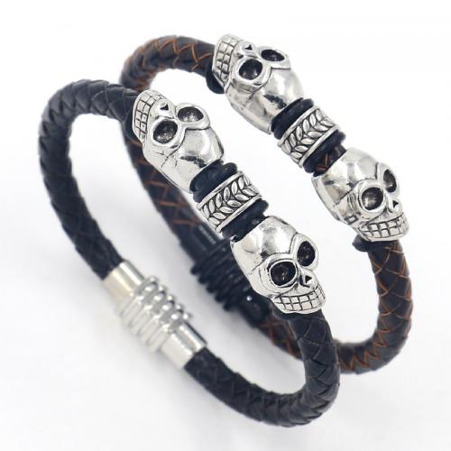 Cowhide Bracelet, with Tibetan Style, Skull, punk style & Unisex, more colors for choice, Length:Approx 8.3 Inch, Sold By PC