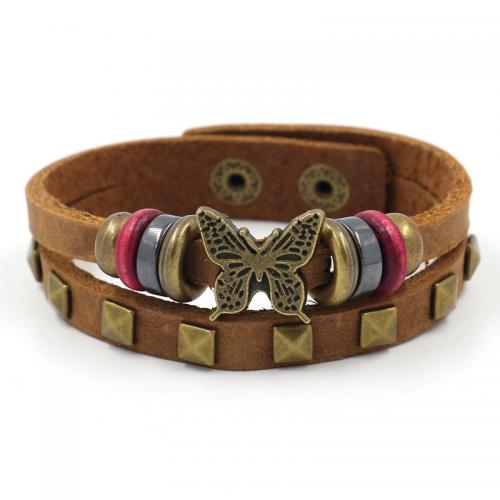 Zinc Alloy Bracelet with Cowhide Butterfly multilayer & with rivet stud & Unisex brown Sold By PC