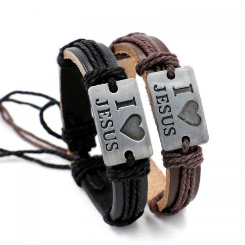 alliage de zinc bracelet, avec cuir de peau de vache & corde de cire, le style de punk & unisexe & avec le motif de lettre, plus de couleurs à choisir, 175x12mm, Vendu par PC