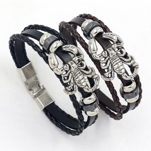 Cowhide Bracelet, with Tibetan Style, Scorpion, multilayer & punk style & Unisex, more colors for choice, Length:Approx 8.3 Inch, Sold By PC