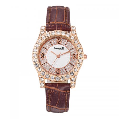 Zinc Alloy Watch Bracelet with PU Leather & Glass Round plated Chinese movement & for woman & with rhinestone Sold By PC