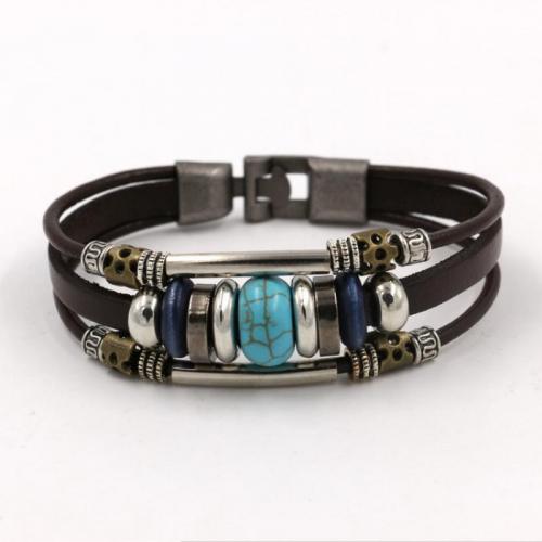alliage de zinc bracelet, avec turquoise & Acier inoxydable 304, multicouche & le style de punk & unisexe, brun, 210x12mm, Vendu par PC