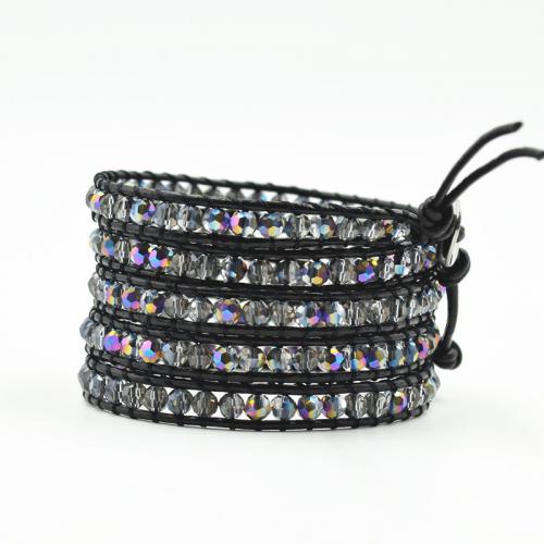 Kristall Armbänder, mit Lederband & 304 Edelstahl, rund, Einstellbar & Modeschmuck & mehrschichtig & unisex & facettierte, gemischte Farben, 4mm, Länge ca. 85 cm, verkauft von PC