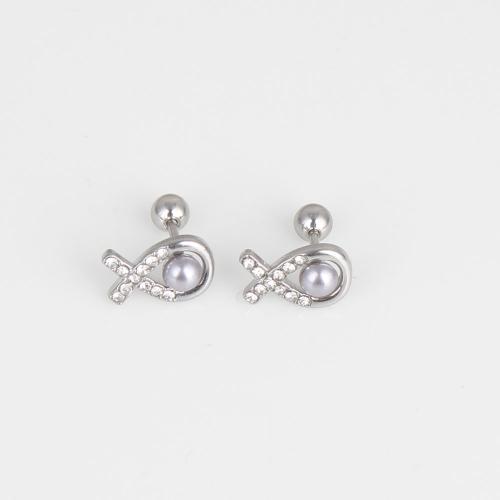 Stainless Steel Belly Ring, 316 Stainless Steel, with Plastic Pearl, Fish, fashion jewelry & Unisex & with rhinestone, white, nickel, lead & cadmium free, 11x7.20x2.90mm, 6PCs/Bag, Sold By Bag