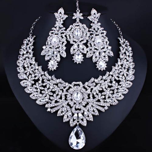 Zinc Alloy Jewelry Sets forehead chain & Stud Earring & necklace with 6cm extender chain plated three pieces & fashion jewelry & for bridal & with rhinestone nickel lead & cadmium free Length Approx 42 cm Sold By Set