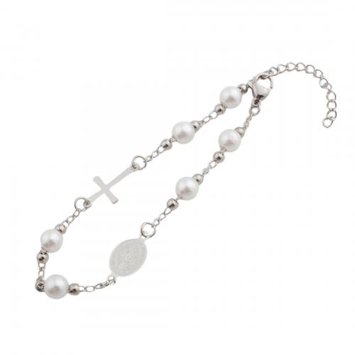 Stainless Steel Jewelry Bracelet, 304 Stainless Steel, with Plastic Pearl, fashion jewelry & for woman, original color, Length:Approx 20.5 cm, Sold By PC