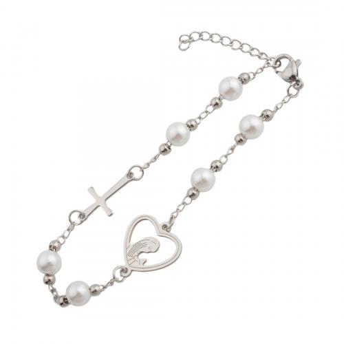 Stainless Steel Jewelry Bracelet, 304 Stainless Steel, with Plastic Pearl, fashion jewelry & for woman, original color, Length:Approx 21 cm, Sold By PC