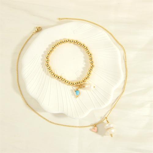 Brass Jewelry Set with Freshwater Pearl & for woman & enamel golden nickel lead & cadmium free Sold By PC