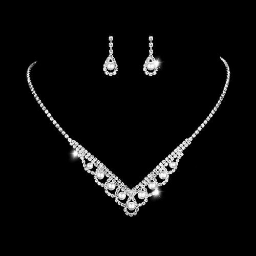 Brass Jewelry Set earring & necklace with 15CM extender chain plated for woman & with rhinestone nickel lead & cadmium free Length 43 cm Sold By Set