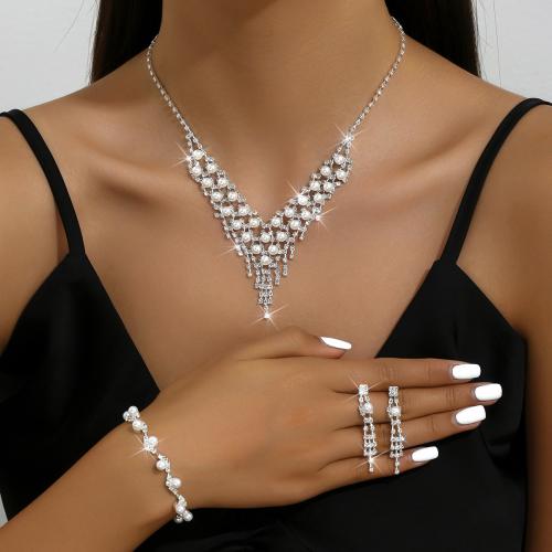 Brass Jewelry Set bracelet & earring & necklace with Plastic Pearl plated for woman & with rhinestone silver color nickel lead & cadmium free Length 44 cm Sold By Set