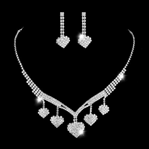 Brass Jewelry Set earring & necklace with 15CM extender chain Heart silver color plated for woman & with rhinestone nickel lead & cadmium free Sold By Set