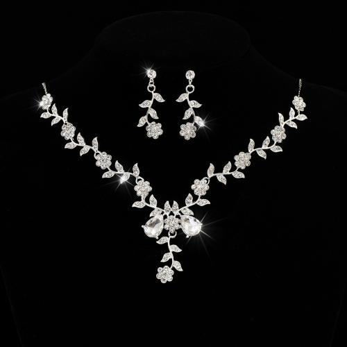 Brass Jewelry Set, earring & necklace, with 6CM extender chain, silver color plated, for woman & with rhinestone, nickel, lead & cadmium free, Length:43 cm, Sold By Set