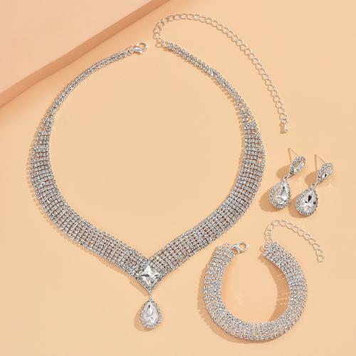 Brass Jewelry Set, bracelet & earring & necklace, Teardrop, silver color plated, different styles for choice & for woman & with rhinestone, more colors for choice, nickel, lead & cadmium free, Sold By Set