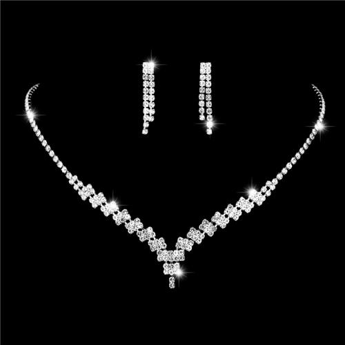 Brass Jewelry Set earring & necklace silver color plated for woman & with rhinestone nickel lead & cadmium free Length 45 cm Sold By Set