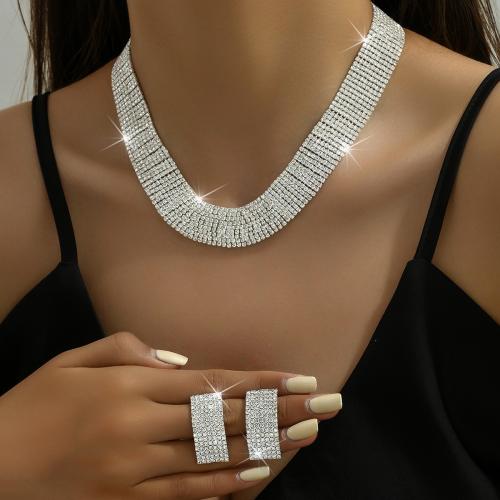 Brass Jewelry Set, Stud Earring & necklace, with 17CM extender chain, Square, silver color plated, for woman & with rhinestone, nickel, lead & cadmium free, Length:31.6 cm, Sold By Set