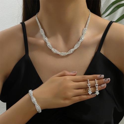 Brass Jewelry Set, bracelet & earring & necklace, with brass claw chain, with 17CM extender chain, silver color plated, different styles for choice & for woman & with rhinestone, more colors for choice, 10x37mm, Length:34 cm, Sold By Set