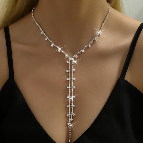 Brass Necklace, with 17CM extender chain, silver color plated, for woman & with rhinestone, more colors for choice, nickel, lead & cadmium free, Length:37 cm, Sold By Set