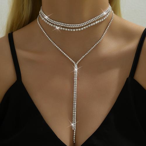 Brass Necklace, silver color plated, for woman & with rhinestone, nickel, lead & cadmium free, Length:18 cm, Sold By Set