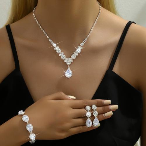Brass Jewelry Set, bracelet & earring & necklace, with Cubic Zirconia, Teardrop, silver color plated, different styles for choice & for woman & with rhinestone, more colors for choice, nickel, lead & cadmium free, Sold By Set
