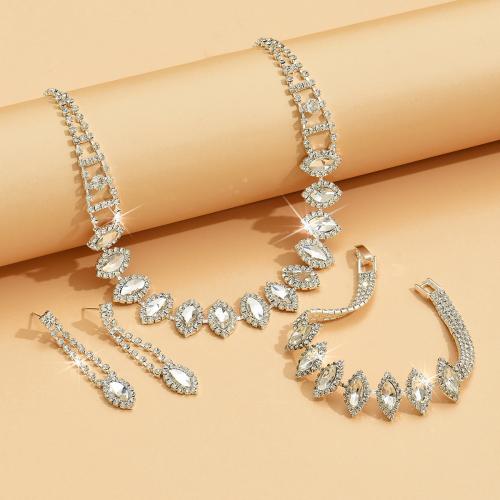 Brass Jewelry Set, bracelet & earring & necklace, silver color plated, for woman & with rhinestone, more colors for choice, nickel, lead & cadmium free, Sold By Set