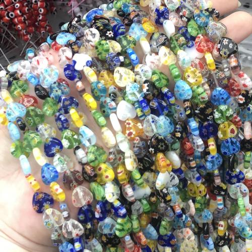 Handgewickelte Perlen, Lampwork, Herz, DIY & verschiedene Größen vorhanden, gemischte Farben, verkauft per ca. 38 cm Strang