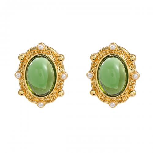 Brass Stud Earring, with Resin & Plastic Pearl, fashion jewelry & for woman, green, nickel, lead & cadmium free, 22x20mm, Sold By Pair