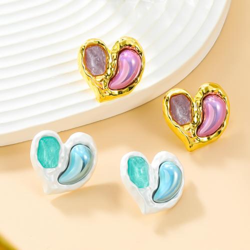 Brass Stud Earring, with Resin, Heart, plated, fashion jewelry & for woman, more colors for choice, nickel, lead & cadmium free, 27x25mm, Sold By Pair