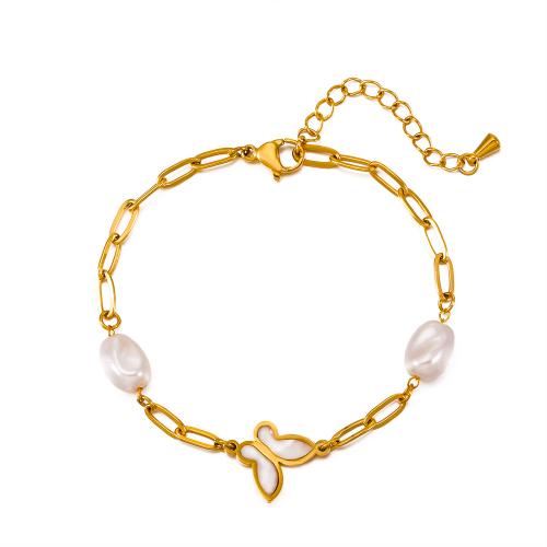 Stainless Steel Jewelry Bracelet, 304 Stainless Steel, with Plastic Pearl, fashion jewelry & for woman, golden, nickel, lead & cadmium free, Length:Approx 21 cm, Sold By PC