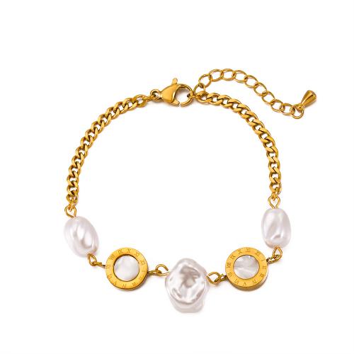 Edelstahl Schmuck Armband, 304 Edelstahl, mit Kunststoff Perlen, Modeschmuck & für Frau, goldfarben, frei von Nickel, Blei & Kadmium, Länge:ca. 21 cm, verkauft von PC