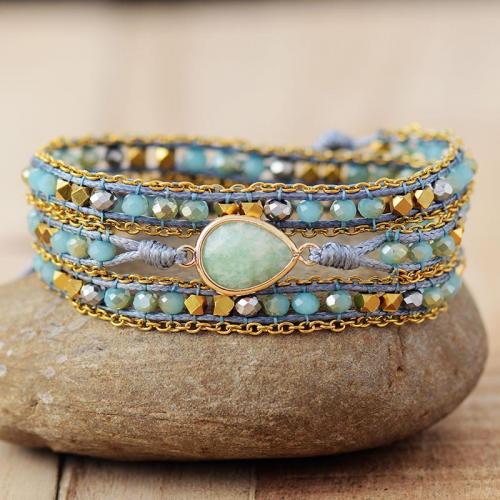 ​Amazonite​ Bracelet, with Wax Cord & Crystal & Tibetan Style, handmade, multilayer & Bohemian style & for woman, Length:Approx 20-24 Inch, Sold By PC