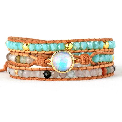 Opal Bracelet, with cowhide cord & Crystal, handmade, multilayer & for woman, Length:Approx 20-24 Inch, Sold By PC
