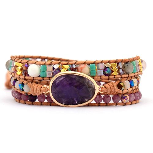 Amethyst Bracelet with cowhide cord Oval handmade multilayer & Bohemian style & for woman Length Approx 20-24 Inch Sold By PC