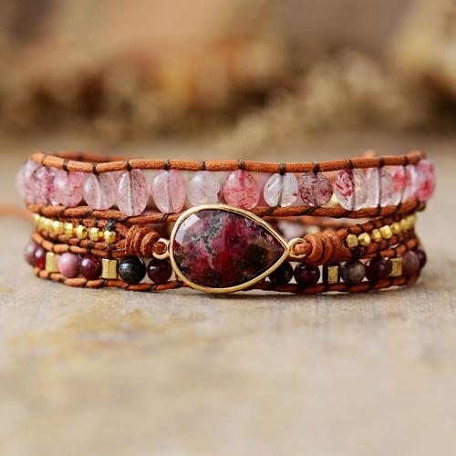 Natural Stone Bracelet, with PU Leather & Quartz, Oval, handmade, multilayer & Bohemian style & for woman, Length:Approx 20-24 Inch, Sold By PC