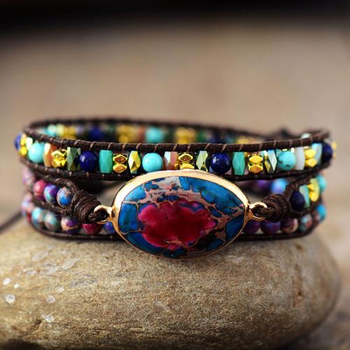 Natural Stone Bracelet with PU Leather multilayer & Bohemian style & Unisex Length Approx 20-24 Inch Sold By PC