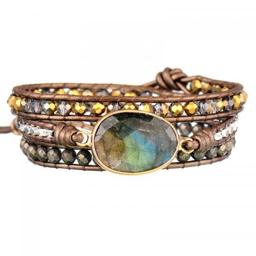 Labradorite Bracelet, with cowhide cord & Crystal, Oval, multilayer & Bohemian style & for woman, Length:Approx 20-24 Inch, Sold By PC