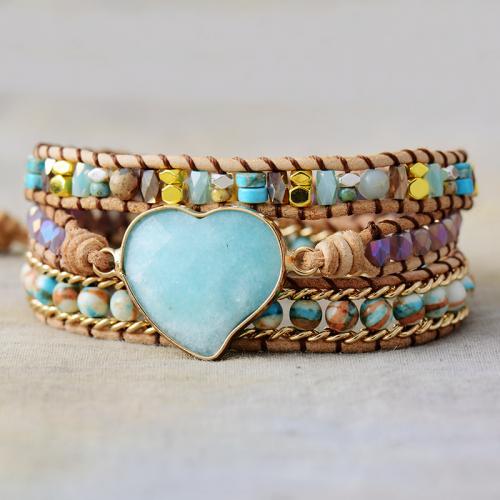 ​Amazonite​ Bracelet, with PU Leather, Heart, multilayer & Bohemian style & for woman, Length:Approx 20-24 Inch, Sold By PC