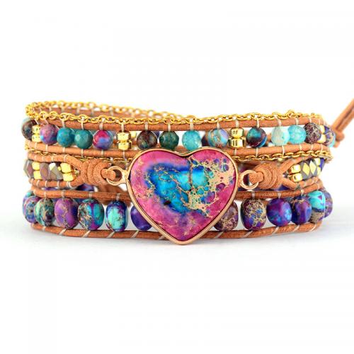 Impression Jasper Bracelet with PU Leather & Zinc Alloy Heart handmade vintage & multilayer & Unisex Length Approx 20-24 Inch Sold By PC
